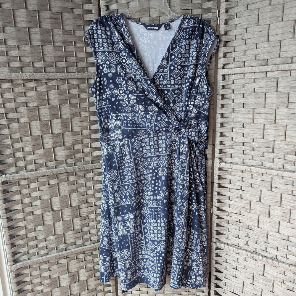 Lands' End Faux Wrap Dress Navy Blue White Paisley Bandana L 14-16 Preppy EUC